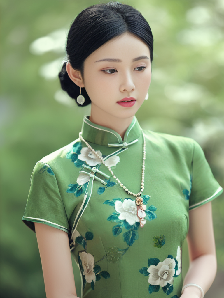 17773-2984345692-_lora_旗袍-000008_0.8_china dress, qipao, 1girl, solo, jewelry, necklace, black hair, blurry, earrings, mole, holding, parted lips.png
